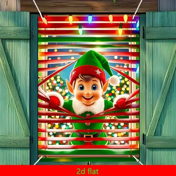 47"h x 32"w Holiday Wall Banner Festive Christmas Elf in a Window w Lights - Picture 1 of 2
